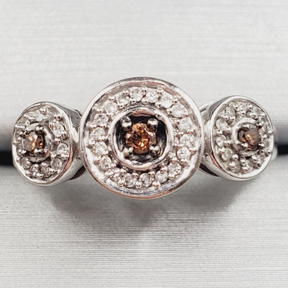 10k Solid White Gold Genuine Chocolate Brown & White Diamond Triple Halo Ring